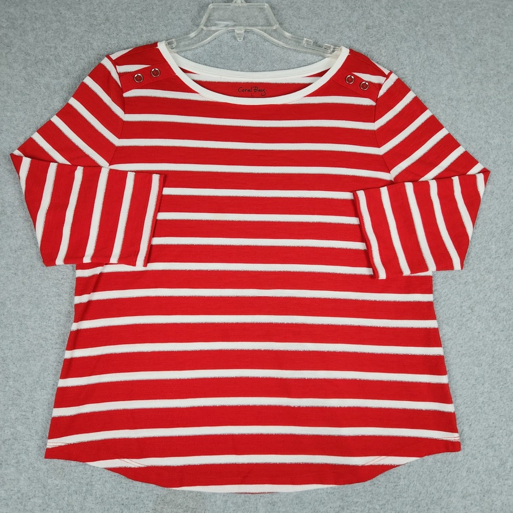 Coral Bay Knit Top Women L Red White Striped 3/4 Sleeve Metallic Shoulder Button